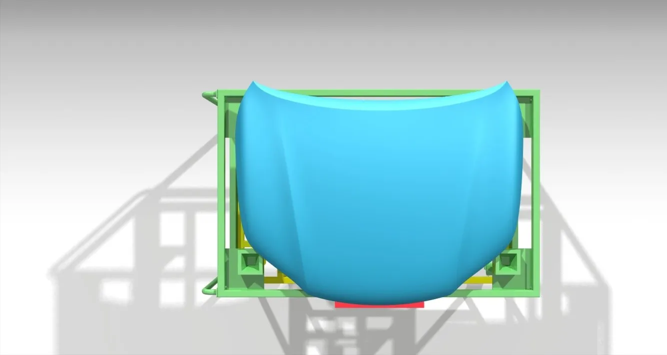 Modelo CAD de conjunto de dispositivo con bastidor y pieza posicionada