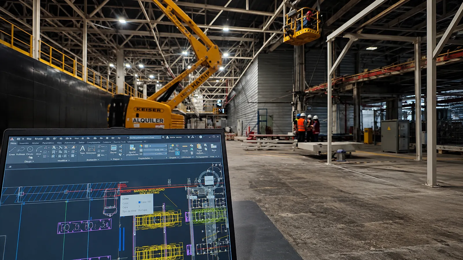 Plano CAD de una línea de montaje en una laptop dentro de la nave industrial, con plataforma elevadora y cuadrilla de montaje al fondo