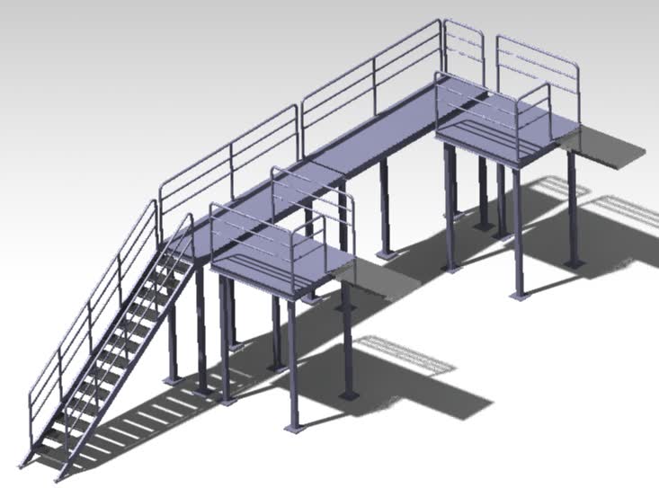 Modelo digital de plataforma metálica con escalera de acceso para instalación industrial